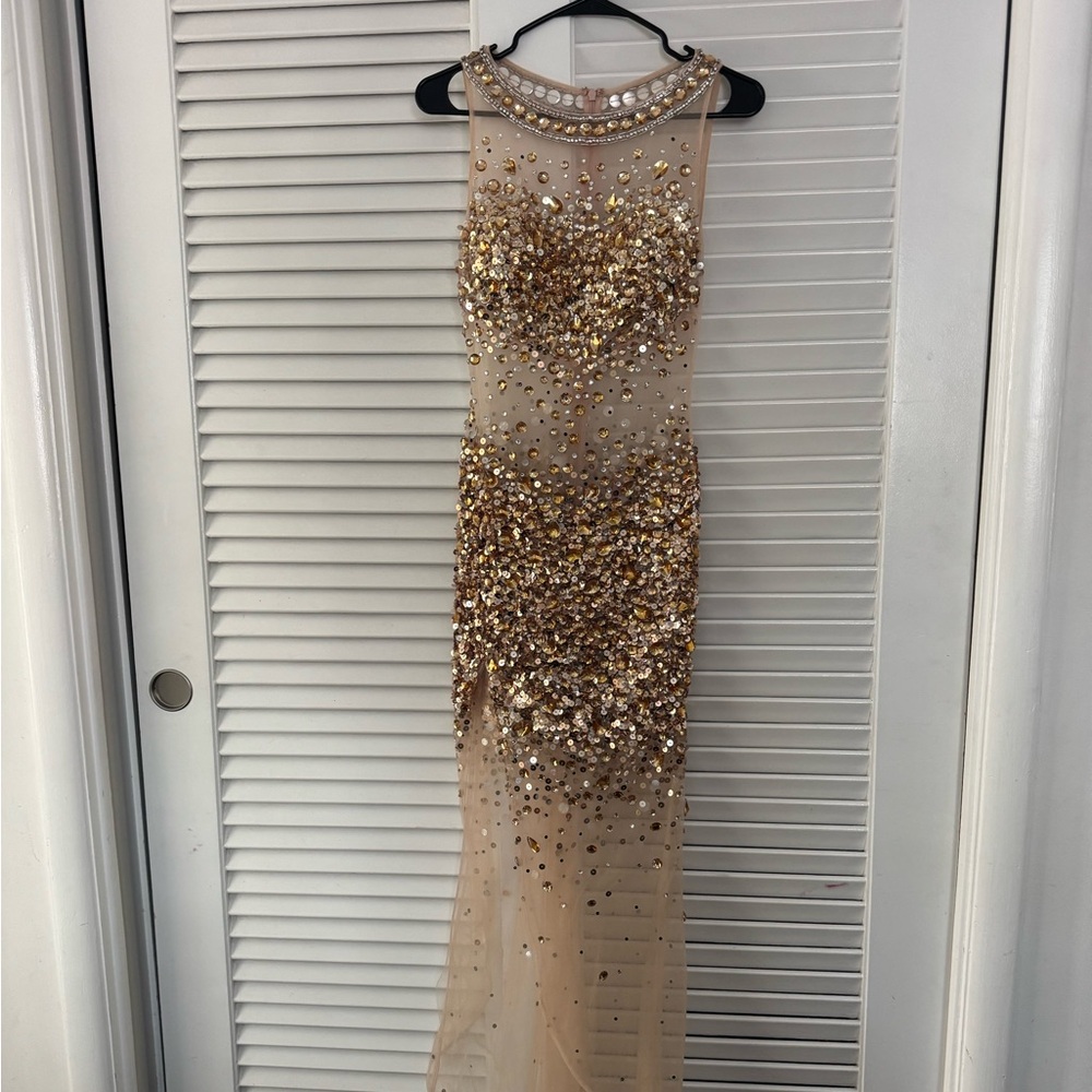 Jovani dress, gold / champagne with sequin and gems.